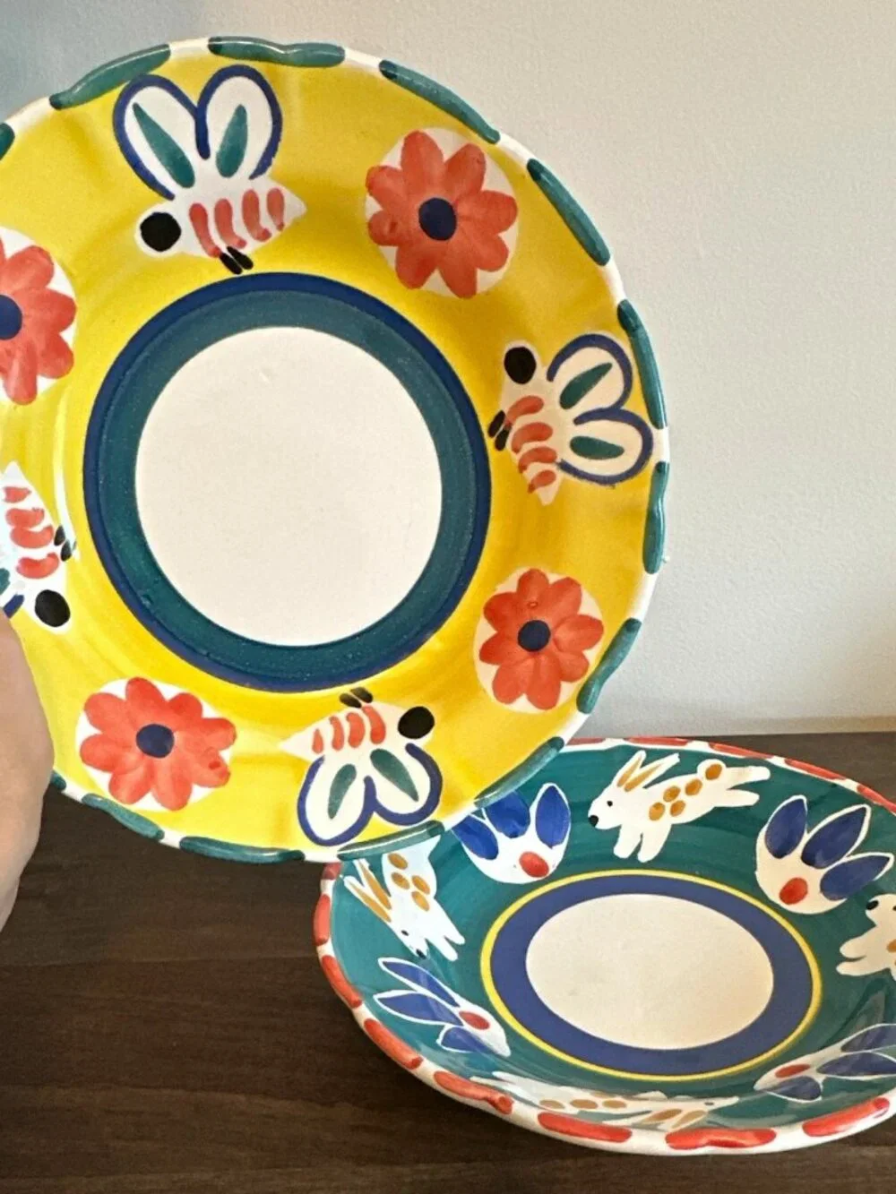 Pottery Barn Hand-Painted Ceramic Floral Rabbit Plates Set of 2